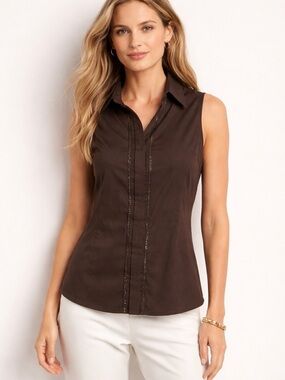 Lafayette 148 Exclusive Neiman Marcus Brown Sleeveless Beaded Blouse Women’s 14